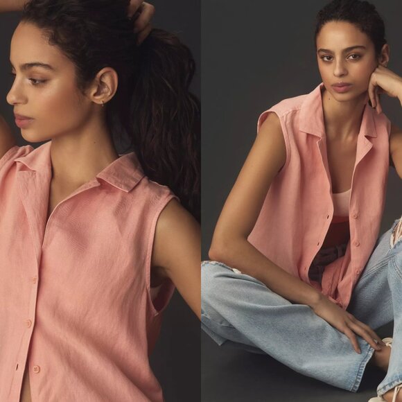 CLOTH & STONE linen blend notch collar sleeveless shirt (S) - Picture 3 of 9